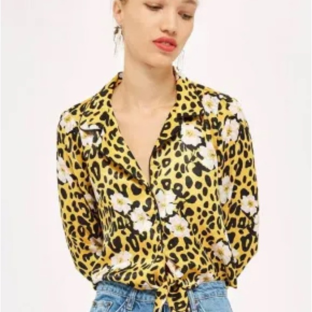 Topshop Yellow and Black Floral Leopard Blouse tie front cropped Y2K Streetwear